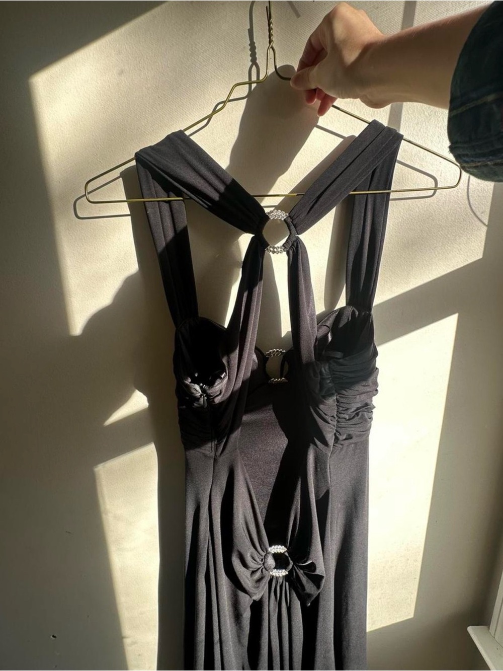 Betsy & Adam Black Backless Evening Dress with Rhinestone Rings